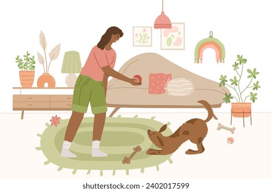 feliz propietario de mascotas con perro en el acogedor interior de la sala de estar. El concepto de servicio de mascotas y mascotas amigables. Gente jugando con amigos animales en casa. Ilustración vectorial de color plano a mano.