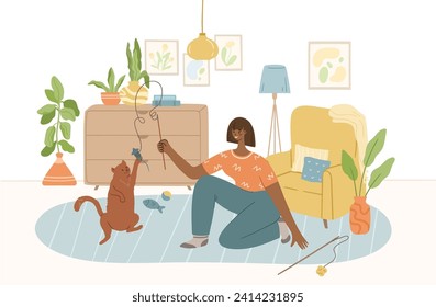 feliz propietario de mascotas con perro en el acogedor interior de la sala de estar. El concepto de servicio amigable y de niñera de mascotas. Gente jugando, acurrucando con amigos animales en casa. ilustración vectorial dibujada a mano plana.