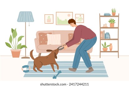 happy pet owner with dog in cozy interior of living room. Pet sitter and service concept. People playing, cuddling with animal friends at home. Colored flat hand drawn vector illustration.