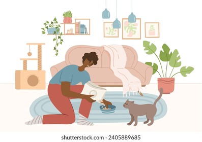 feliz propietario de mascotas alimentando al gato en el acogedor interior de la sala de estar. El concepto de servicio amigable y de niñera de mascotas. Personas preocupadas por los amigos animales en casa. Diseño vectorial plano a mano de color.