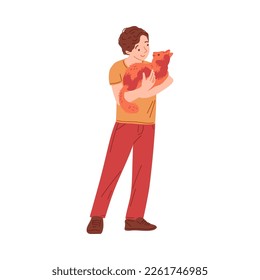 Happy pet owner holding cat and smiling, flat cartoon vector illustration isolated on white background. Man and his cat character for topic of rising domestic animals and pets.