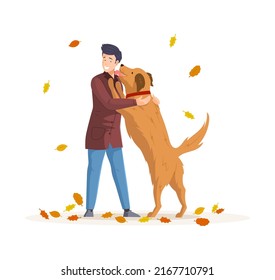 Happy pet owner hugging his friendly big dog. Playful dog licking face of smiling owner. Young man walking and playing with his dog in autumn park. Friendship between man and pet animal flat vector