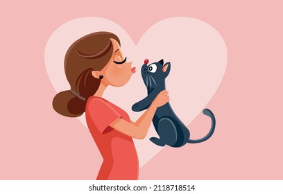 
Happy Pet Owner Kissing Her Cat Vector Cartoon Illustration. Young person adopting a domestic animal being best friends 
