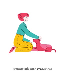 Happy pet owner petting her dog - young cartoon woman sitting down and smiling at domestic animal. Flat vector illustration isolated on white background.
