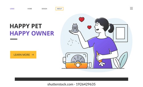 Happy pet owner playing with her small hamster out of its cage with love hearts in a website template, colored vector illustration. Website, web page, landing page template