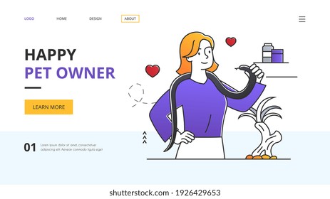 Happy Pet Owner playing with her pet snake looped over her shoulders in a website template with copyspace, colored outline minimal style vector illustration. Website, web page, landing page template