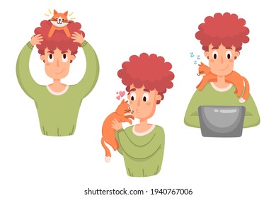 Happy pet owner set. Boy with cat. Vector illustration.