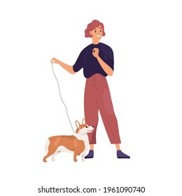 Feliz propietario de una mascota de pie con su pequeño perro corredizo. Joven y perrito de corta edad de la raza Corgi. Ilustración vectorial plana del personaje femenino y adorable cachorro aislado en fondo blanco