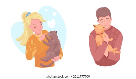 Happy pet owners with adorable puppy and kitten, flat vector illustration. Girl and boy petting little dog and cat, their best four-legged friends. Pet ownership, domestic animal care and love.