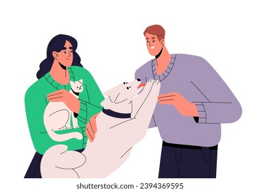 Happy pet owners care about their domestic animals. People adopt funny dog. Man loves, plays with fluffy puppy. Woman holds cat, kitty in hands. Flat isolated vector illustration on white background