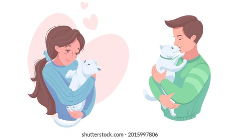 Felices dueños de mascotas con adorable cachorro y gatito, ilustración plana vectorial. Chica sonriente y niño masticando perro y gato. Propiedad de mascotas, cuidado animal doméstico y amor.