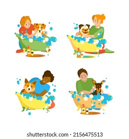 Happy pet owners. Doggy in bubble bath. Bathroom washing for domestic animal. Grooming service. Isolated cartoon character on white background