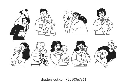 Happy pet owners hugging dogs linear icons collection. Delightful people with friendly canine companions characters set on white background