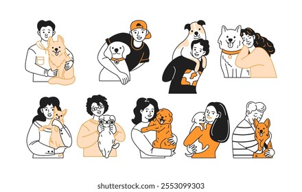 Happy pet owners hugging dogs flat color linear icons collection. People expressing love and tenderness characters set on white background