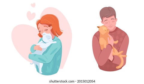 Happy pet owners loving adorable puppy and kitten, flat vector illustration. Smiling girl and boy hugging dog and cat. Pet ownership, domestic animals care, love.