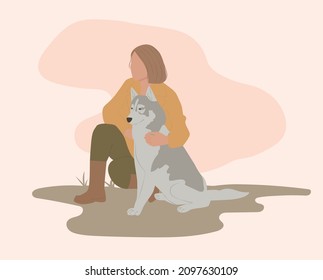 Happy pet owners loving adorable dog, flat vector illustration. Girl hugging dog. Pet ownership, domestic animals care, love.