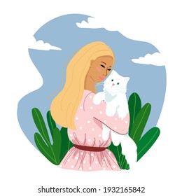 Happy pet owners, people and pets, cats, dogs, vector illustration in flat style.