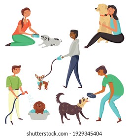 Happy Pet Owners Set. People Walk Their Dogs, Wash, Groom, Hug, Play With Pets In The Fresh Air. Bundle Of Vector Illustrations