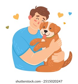 Happy pet owners. A young man hugs a dog. Cute flat vector illustration.