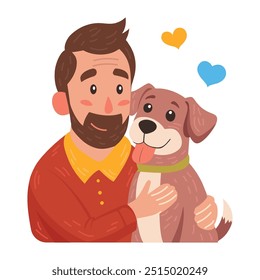 Happy pet owners. A young man hugs a dog. Cute flat vector illustration.