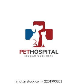 Happy Pet Shop logo icon, veterinary clinic illustration background with dog and cat vector logo template 