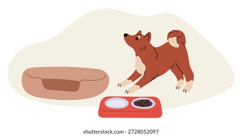 Feliz animal de estimação. Ferramentas veterinárias. Cama de travesseiro e tigelas com ração para cães ou água. Cuidados com animais domésticos. Nutrição para mamíferos domésticos. Comedouro canino. Acessórios para veterinários. Cachorro acolhedor macio. Conceito de vetor