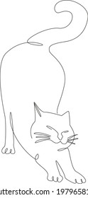 Happy pets. The cat stretches. Vector line art illustration. One Line