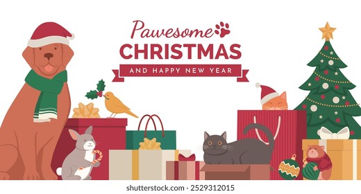 Mascotas felices celebrando Navidades juntas: posan, juegan con regalos y decoraciones, Anuncio con espacio de copia