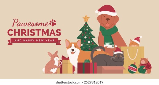 Happy pets celebrating Christmas together: they are posing, playing with gifts and decorations, banner with copy space