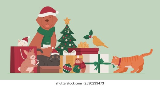 Happy pets celebrating Christmas together: they are posing, playing with gifts and decorations, banner with copy space