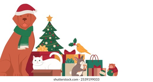 Happy pets celebrating Christmas together, gifts and decorations, holidays and festivity concept, banner with copy space