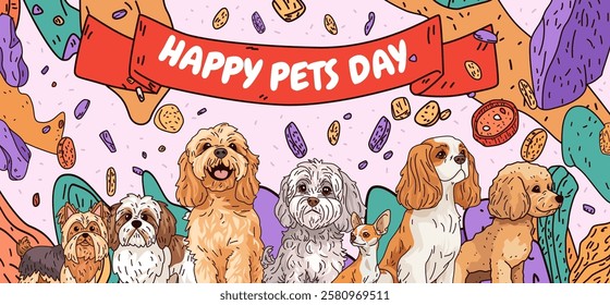 Happy pets day celebration with various dog breeds surrounded by colorful abstract shapes and floating treats. Ideal for pet-themed banners or web design