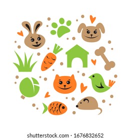 Happy pets and food. Vector illustration. Flat design elements for greeting card, banner, leaflet, poster.