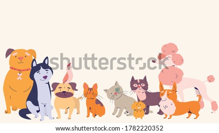Happy pets isolated on white background. Cartoon colorful vector illustration.