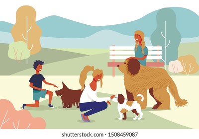 Happy Pets Owner Family on Walk with Dogs in City Park or Forest Cartoon. Smiling Mother and Children Walking Three Different Breed Puppies. Take Care of Domestic Animals. Vector Natural Illustration