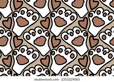 Happy pet's paw and heart. Cute and tender cartoon illustration. Pet shop. Lovely animals. Animalistic. Trendy, stylish, fashionable, seamless vector pattern for design and decoration.