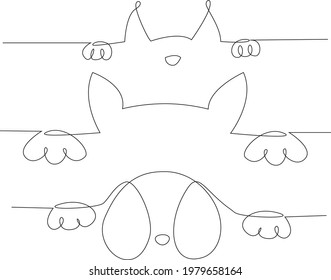 Happy pets. Vector line art illustration. One Line