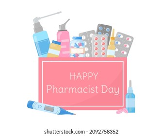 Happy Pharmacist Day. Professional Holiday Celebration. Medical First Aid Kit Isolated. Medicines Pills, Capsules, Sprays, Bottles In Box. Vector Illustration.