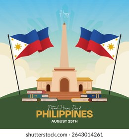 Happy Philippines National Heroes Day August 25th with Rizal monument Philippine flag and book illustration on sunburst background