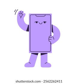 Happy phone character smiles, waving hand to welcome. Cute smartphone greeting. Funny telephone gesturing with raised arm, says Hello, Hi. Flat isolated vector illustration on white background