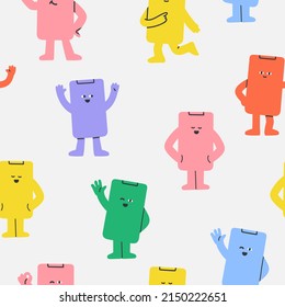 Fröhliche Telefonfiguren mit Gesichtern. Verschiedenes Emotionskonzept. Farbiges, nahtloses, handgezeichnetes Muster. Drucken Sie für Tapete, Bildschirmschoner, Wickelpapier. Alle Artikel sind einzeln