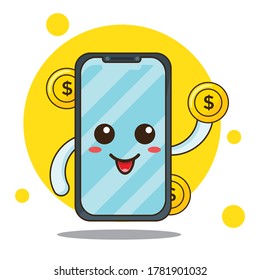 Teléfono feliz con moneda, lindo personaje de diseño vectorial. Ilustración vectorial aislada plana para afiches, folletos, web, mascotas, pegatinas, logotipos e iconos.