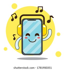 Happy phone with music, cute vector design character. Flat isolated vector illustration for posters, brochures, web, mascots, stickers, logos and icons.