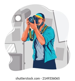 Happy photographer is taking a photo using slr camera. Flat vector illustration of young male character shooting using lens camera. Banner design for photo studio courses and ads