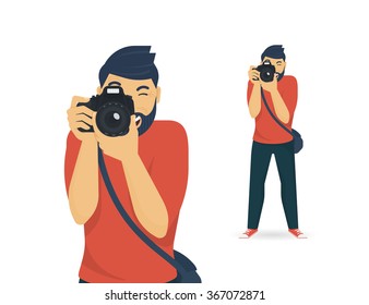 Happy photographer is taking a photo using slr camera. Flat illustration of young male character standing full length and shooting. Isolated on white