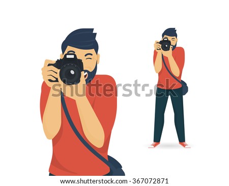 Happy photographer is taking a photo using slr camera. Flat illustration of young male character standing full length and shooting. Isolated on white