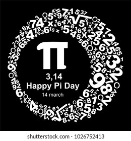 Happy Pi Day! Celebrate Pi Day. Mathematical constant. March 14th. Ratio of a circle’s circumference to its diameter. Constant number Pi. Vector illustration