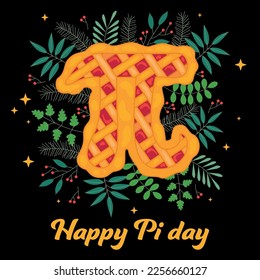 Alles Gute zum Pi-Tag! Feiern Sie den Pi Day. Mathematische Konstante. Pi Day Cherry Pie und Blätter. Mathematische Konstante, irrationale Zahl, griechischer Brief. schwarzer Hintergrund