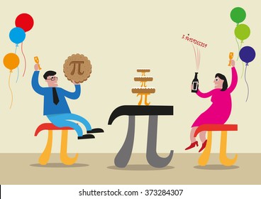 Happy Pi Day concept. People are celebrating with Pi Greek Letter symbol made as chairs, food and tables. Editable Clip Art.