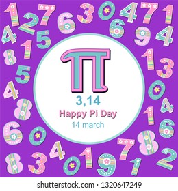 Happy pi day. Greeting card.  Mathematical constant. March 14th. Ratio of a circle’s circumference to its diameter. Constant number Pi. Vector illustration